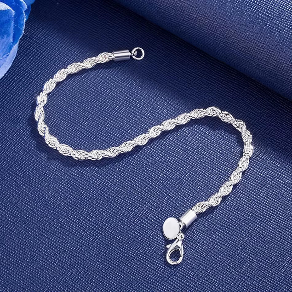 925 Sterling Silver Unisex 4Mm Rope Chain Bracelets for Men Women Twisted Links Chain Bracelet Simple Classic Jewelry