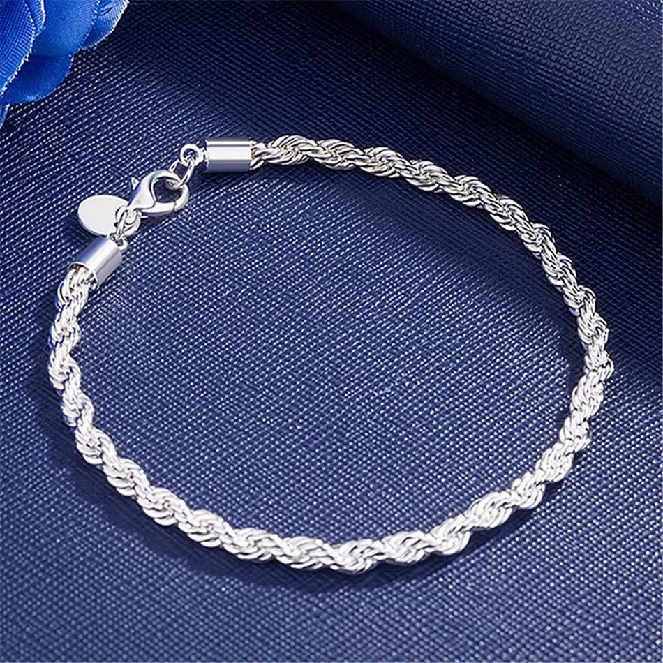 925 Sterling Silver Unisex 4Mm Rope Chain Bracelets for Men Women Twisted Links Chain Bracelet Simple Classic Jewelry