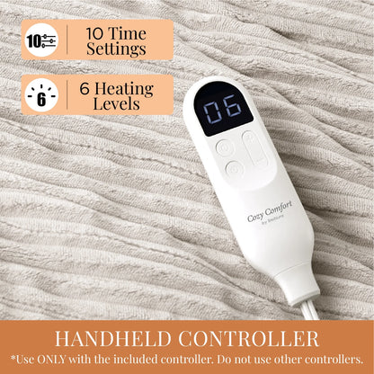 Heated Blanket Electric Twin - Soft Ribbed Flannel, Fast Heating Electric Blanket with 6 Heating Levels & 10 Time Settings, 8 Hours Auto-Off, 62X84 Inches, Natural