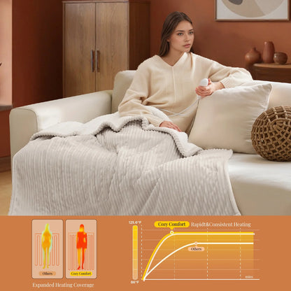 Heated Blanket Electric Twin - Soft Ribbed Flannel, Fast Heating Electric Blanket with 6 Heating Levels & 10 Time Settings, 8 Hours Auto-Off, 62X84 Inches, Natural