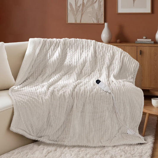 Heated Blanket Electric Twin - Soft Ribbed Flannel, Fast Heating Electric Blanket with 6 Heating Levels & 10 Time Settings, 8 Hours Auto-Off, 62X84 Inches, Natural