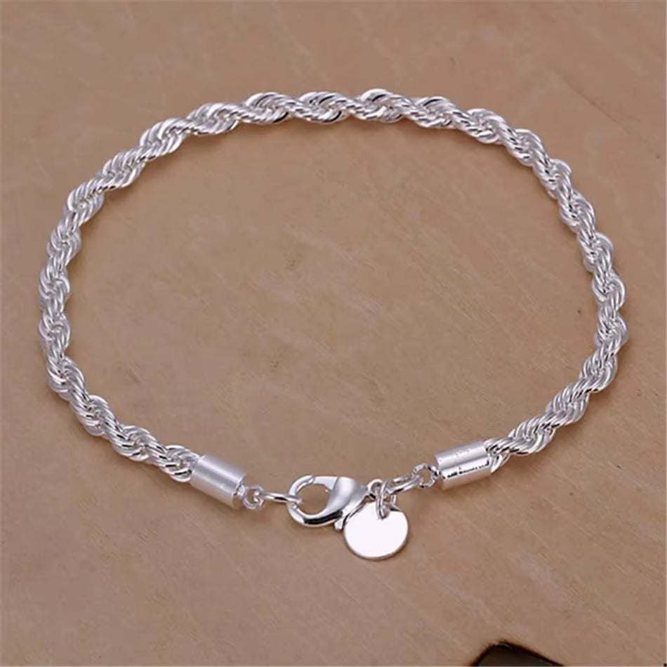 925 Sterling Silver Unisex 4Mm Rope Chain Bracelets for Men Women Twisted Links Chain Bracelet Simple Classic Jewelry