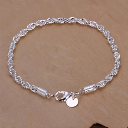 925 Sterling Silver Unisex 4Mm Rope Chain Bracelets for Men Women Twisted Links Chain Bracelet Simple Classic Jewelry