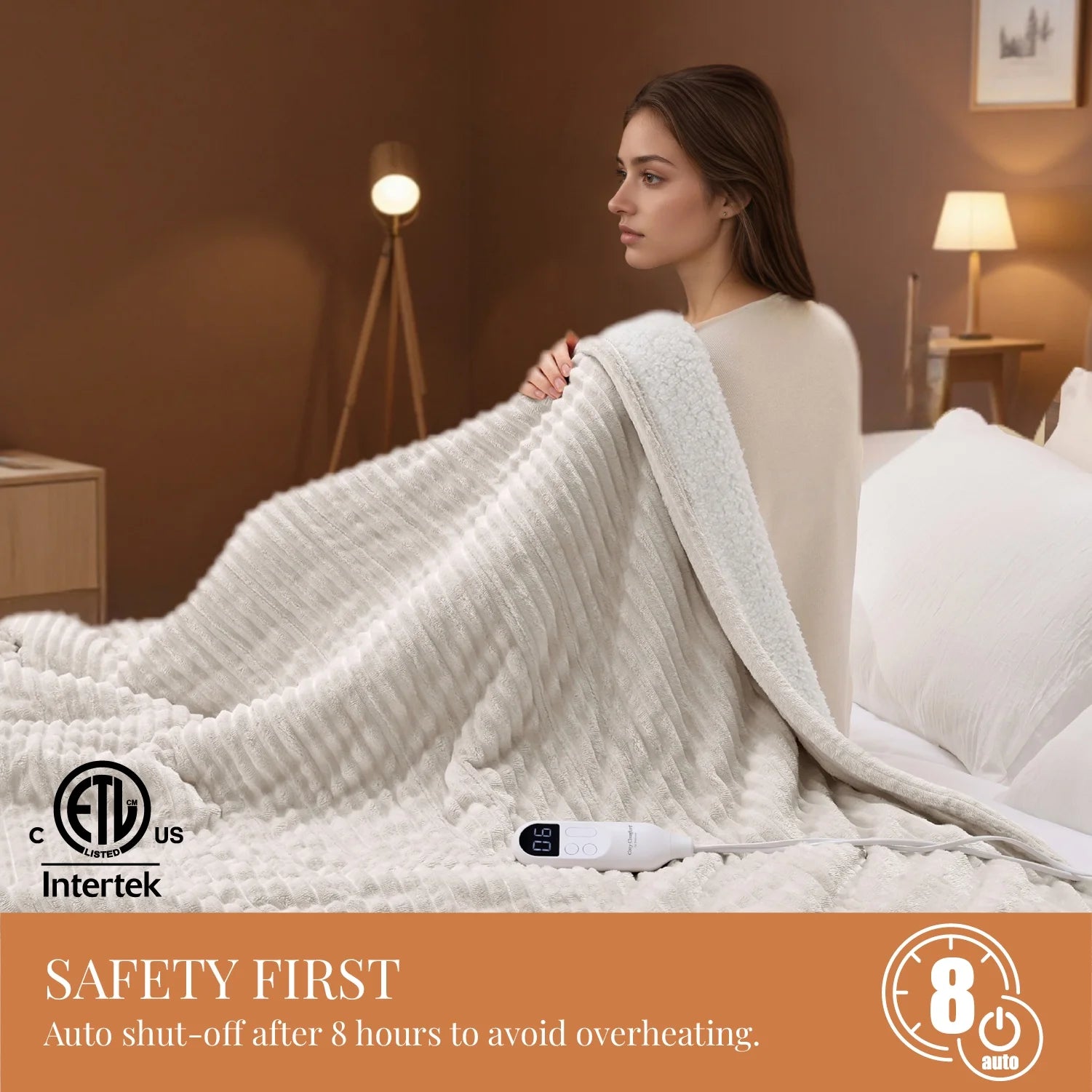 Heated Blanket Electric Twin - Soft Ribbed Flannel, Fast Heating Electric Blanket with 6 Heating Levels & 10 Time Settings, 8 Hours Auto-Off, 62X84 Inches, Natural