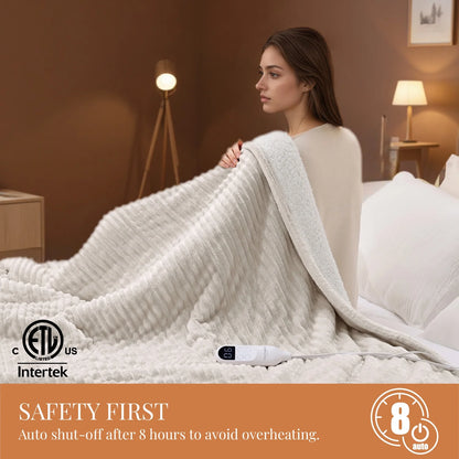 Heated Blanket Electric Twin - Soft Ribbed Flannel, Fast Heating Electric Blanket with 6 Heating Levels & 10 Time Settings, 8 Hours Auto-Off, 62X84 Inches, Natural
